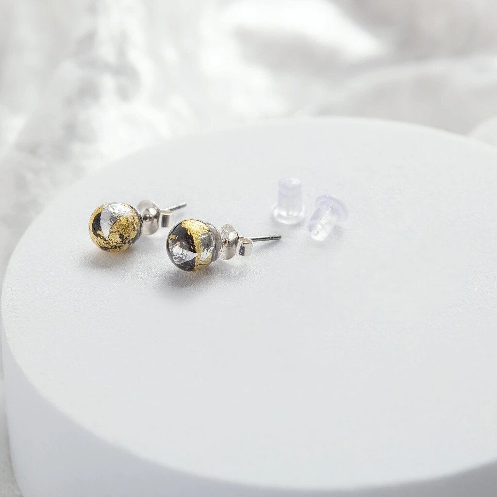 Lampglas Náušnice Obsidian Nude s 24karátovým zlatom a rýdzim striebrom ENM10/AG/RHO-PU