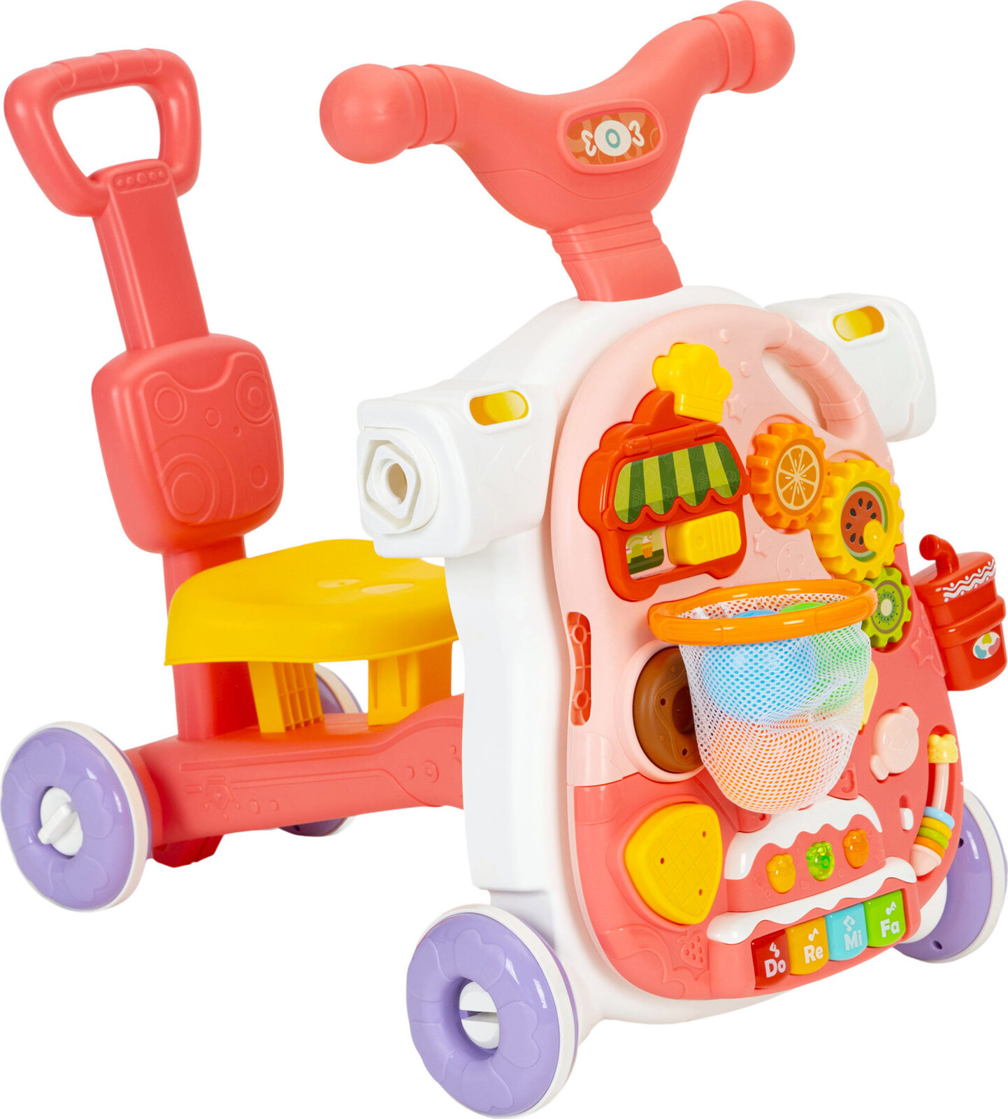 HUANGER HE0817 Dětské chodítko, odrážedlo, koloběžka a interaktivní stolek 4v1, růžové