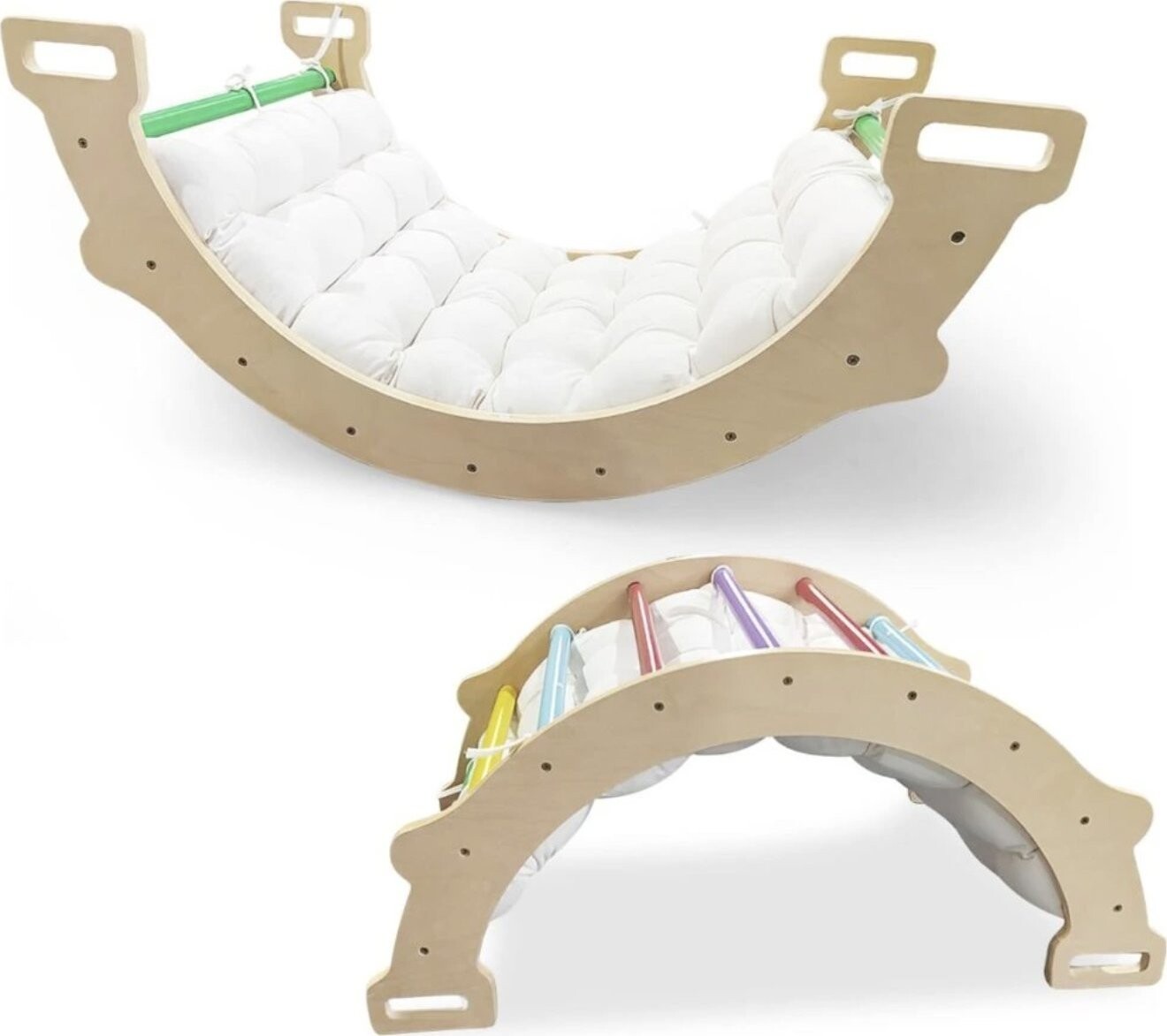 Costway Montessori dřevěná houpačka s měkkým polštářem - Pastel