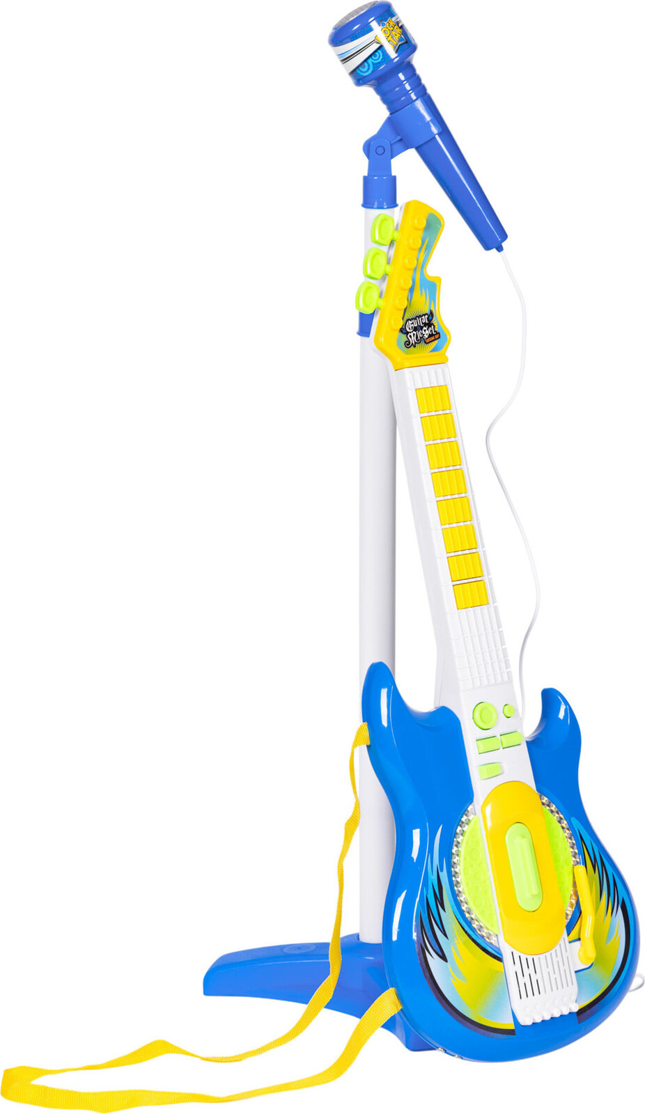 MULTISTORE Elektrická gitara s mikrofónom a stojanom pre deti, kompatibilná s MP3, modrá