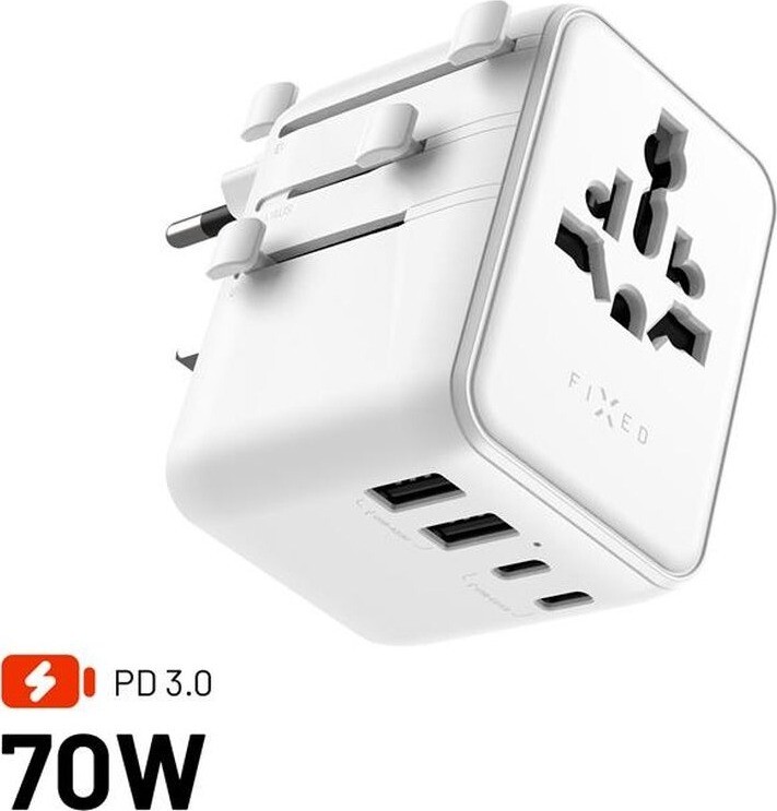 FIXED Voyager Travel GaN PD 70 W pre EÚ UK a USA/AUS s 3× USB-C a 2× USB výstupom biely