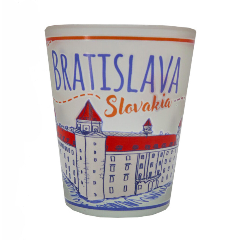 Panák (štamprle) Bratislavský hrad a nápis Bratislava 0,04 l - priehľadný