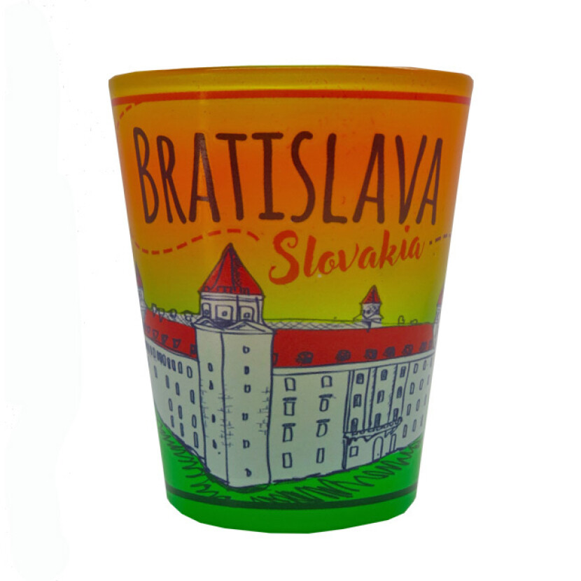 Panák (štamprle) Bratislavský hrad a nápis Bratislava 0,04 l - farebný