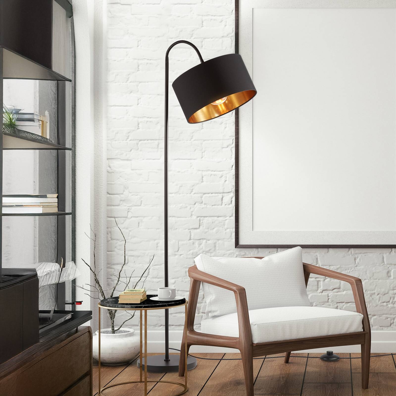 Stojacia lampa Kari, zakrivená, čierne/zlaté, textil, E27