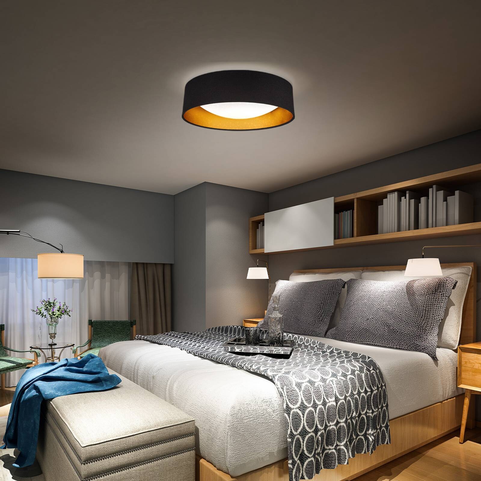 Stropné LED svetlo Kari, čierne/zlaté, textil, 4 000 K