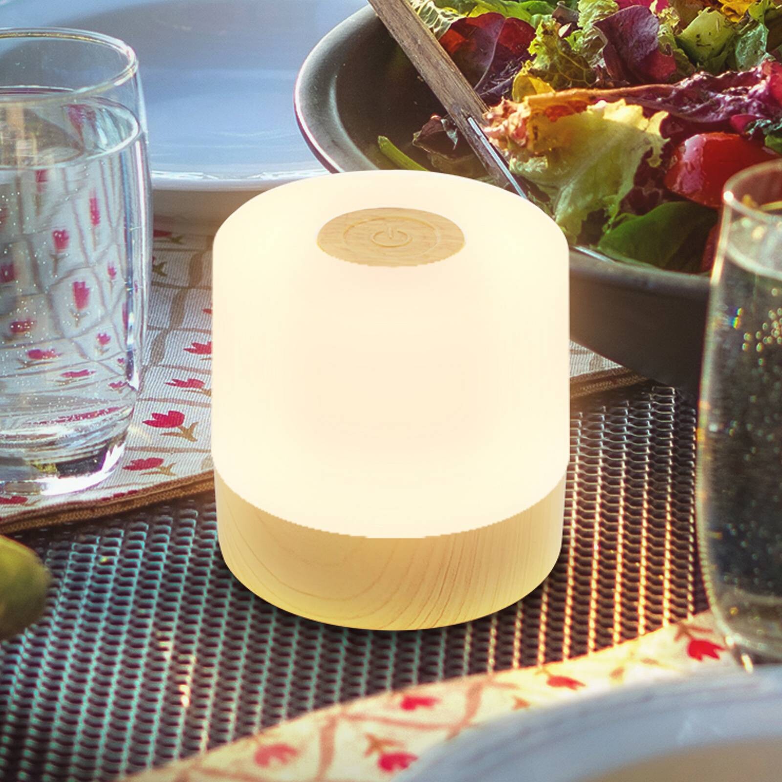 Stolová LED lampa na batérie Cita s dreveným vzhľadom, USB-C, 2 700 K, stmievač