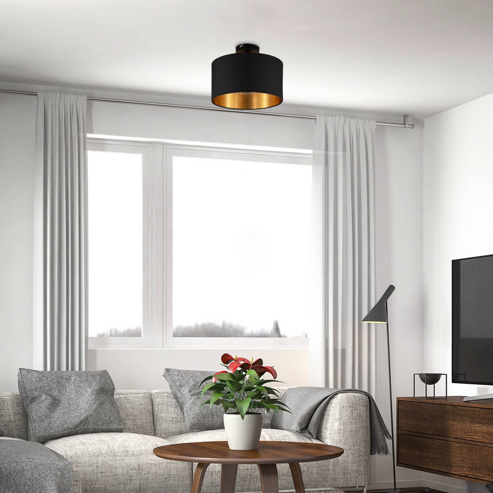 Stropné svietidlo Kari, čierne/zlaté, textil, E27