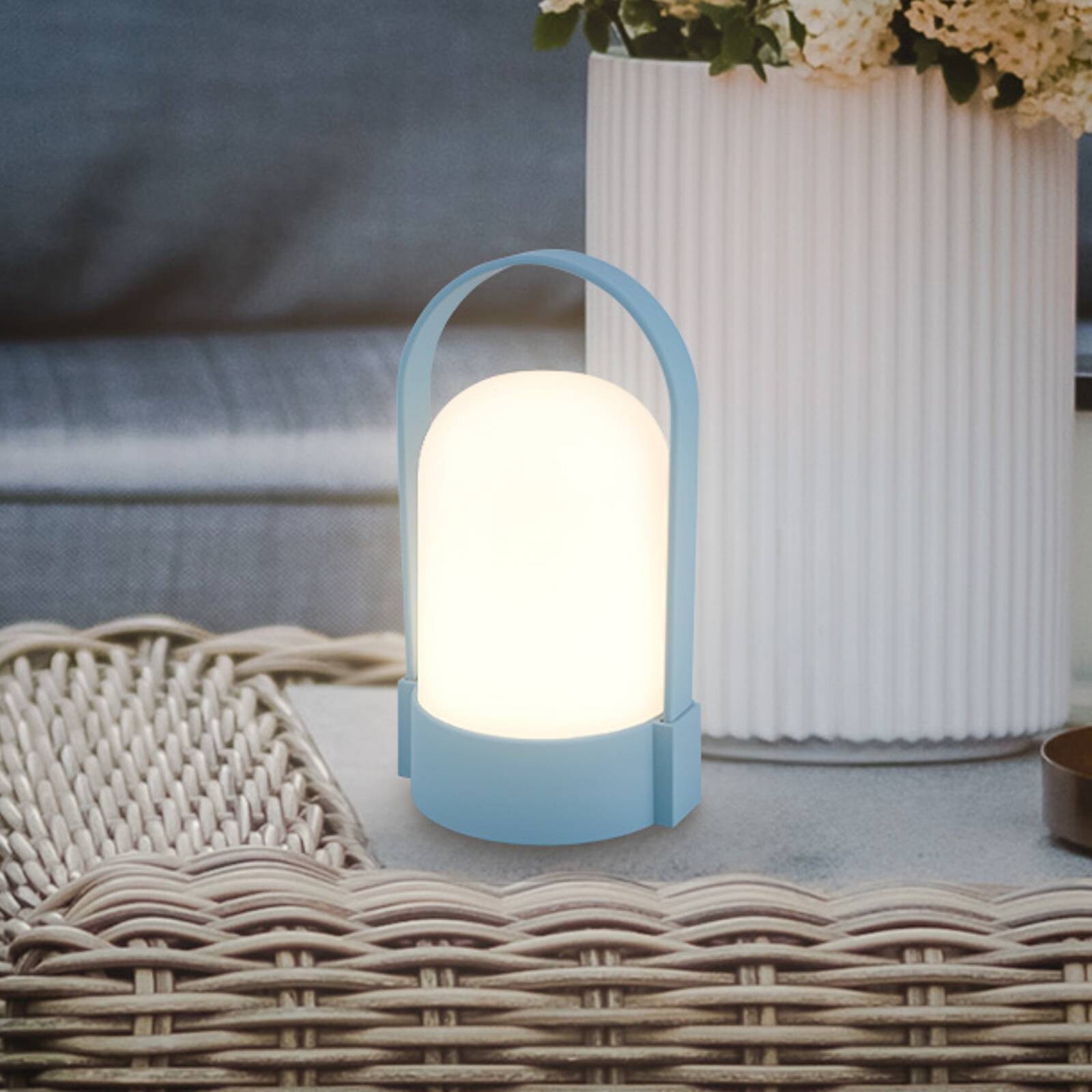 Stolová LED lampa ASA na batérie, holubičkovo modrá, výška 15,5 cm, IP44