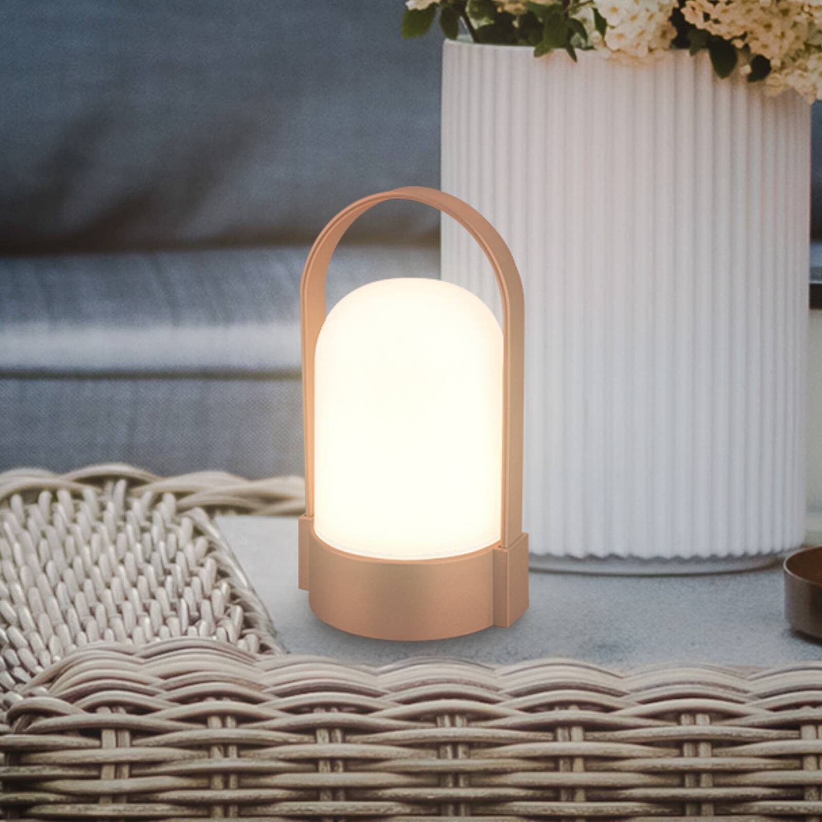 Stolová LED lampa ASA na batérie, medená farba, výška 15,5 cm, IP44