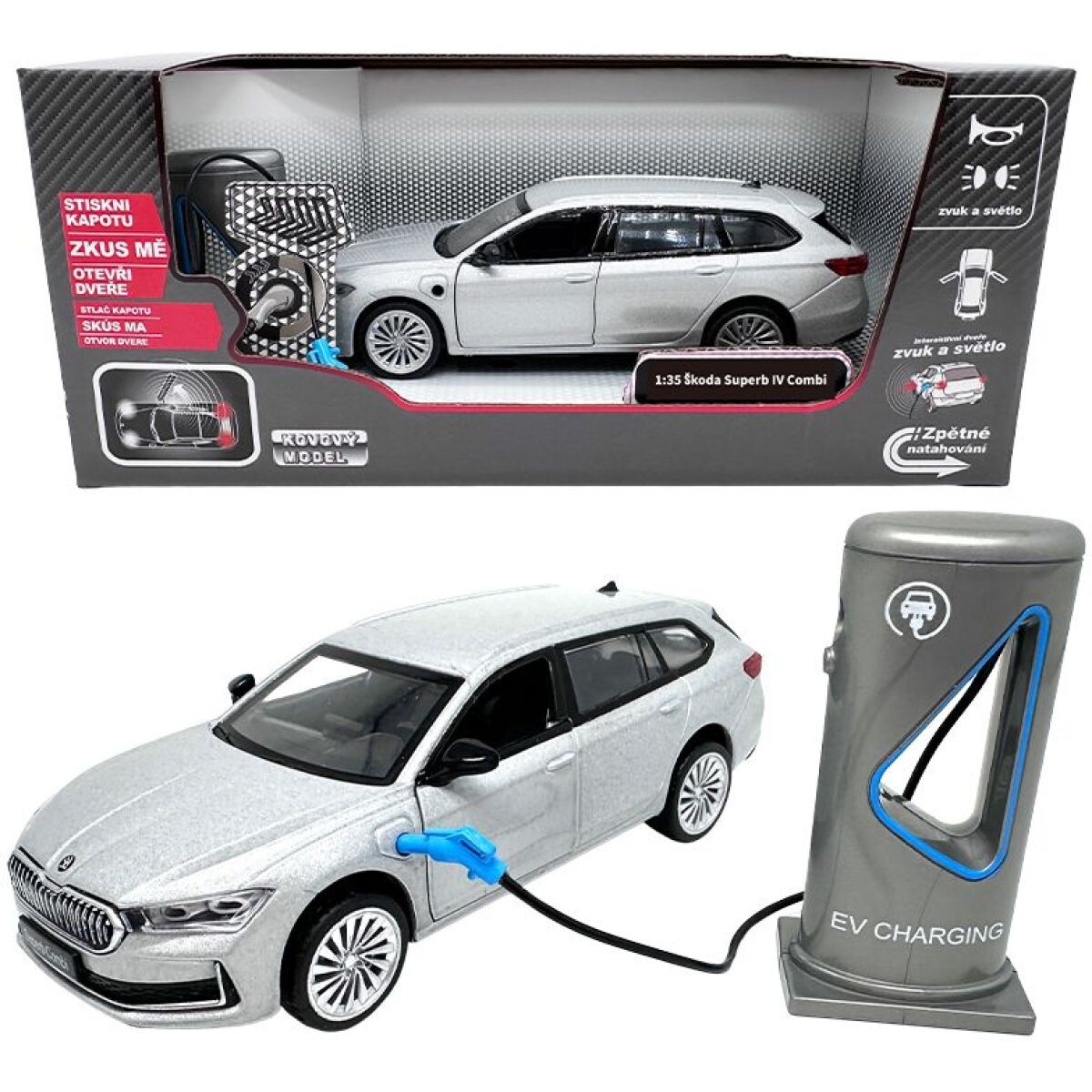 Sparkys 1:35 Škoda Superb IV Combi Striebrno šedá + nabíjacia stanica