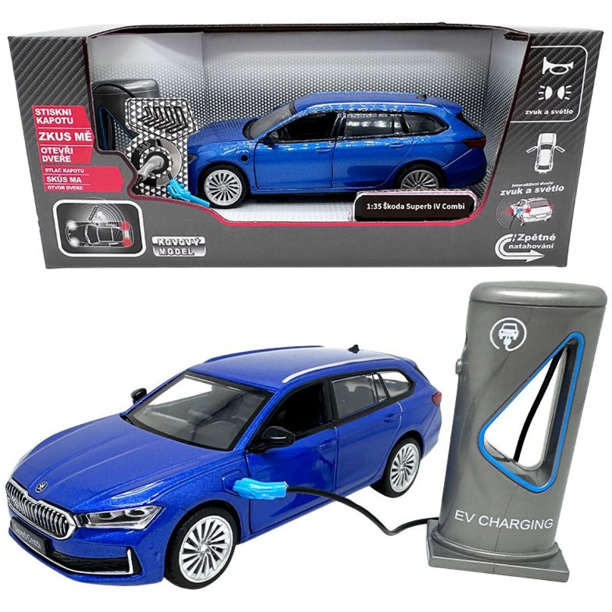 Sparkys 1:35 Škoda Superb IV Combi modrá + nabíjacia stanica