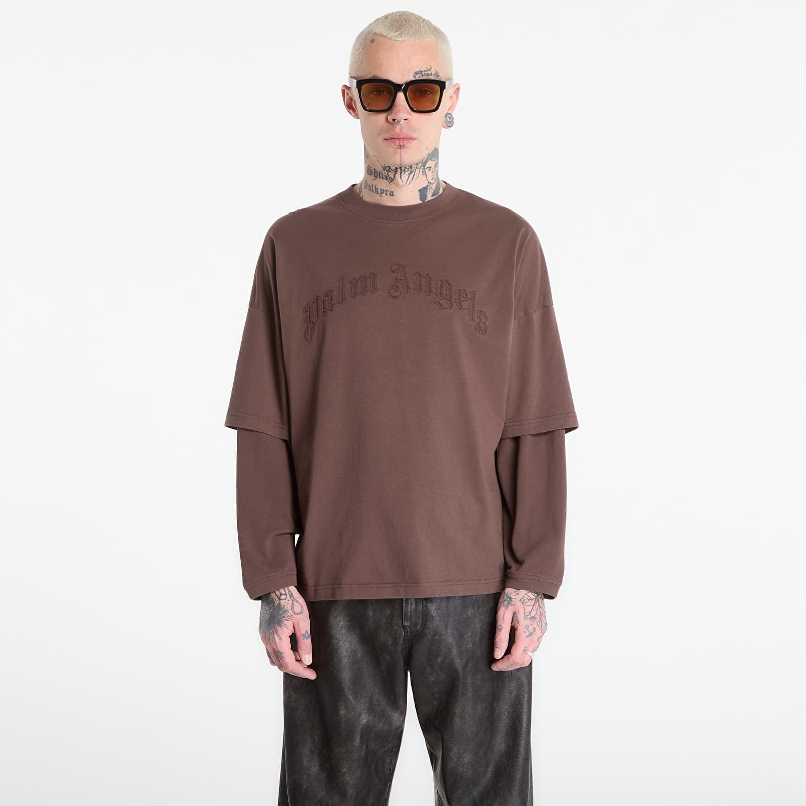 Tričko Palm Angels Curved Logo Double Tee L/S UNISEX Brown/ Brown XL