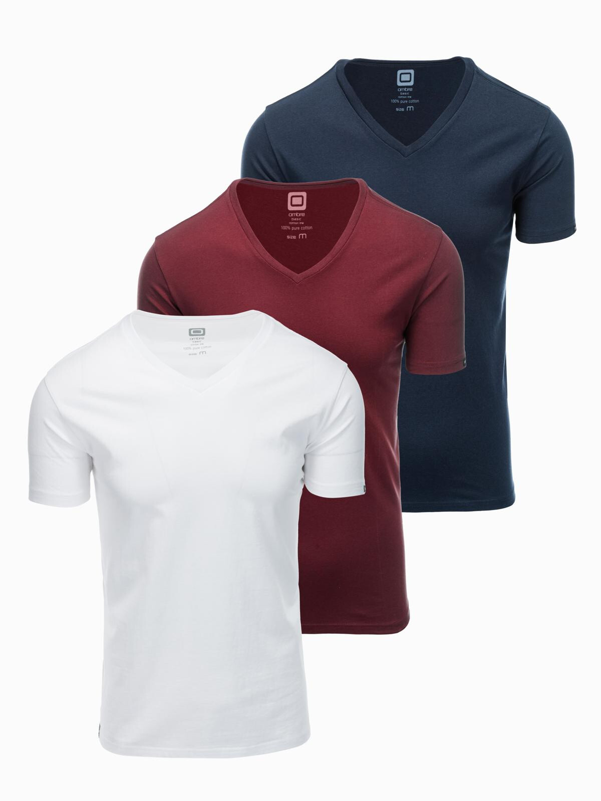 Ombre BASIC men's V-neck cotton T-shirt set - white/green/maroon
