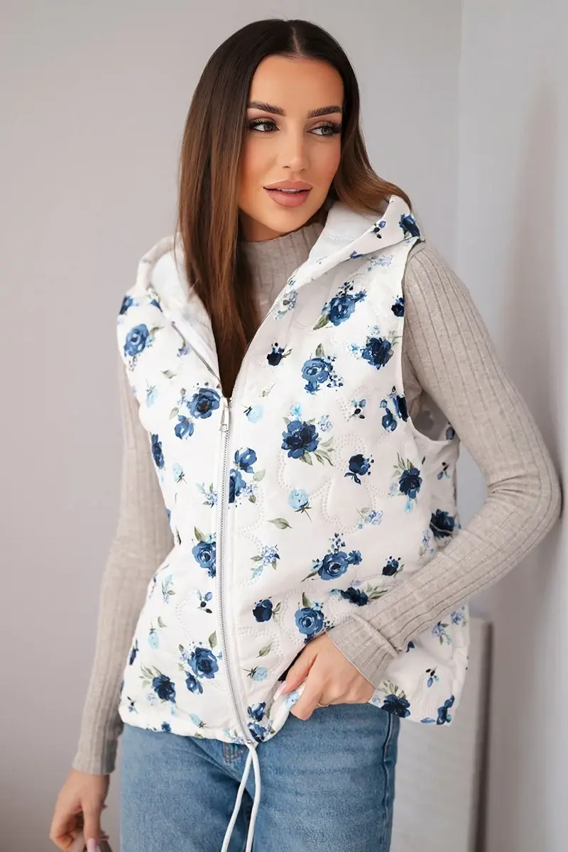 Dámska kvetovaná prešívaná vesta s kapucňou