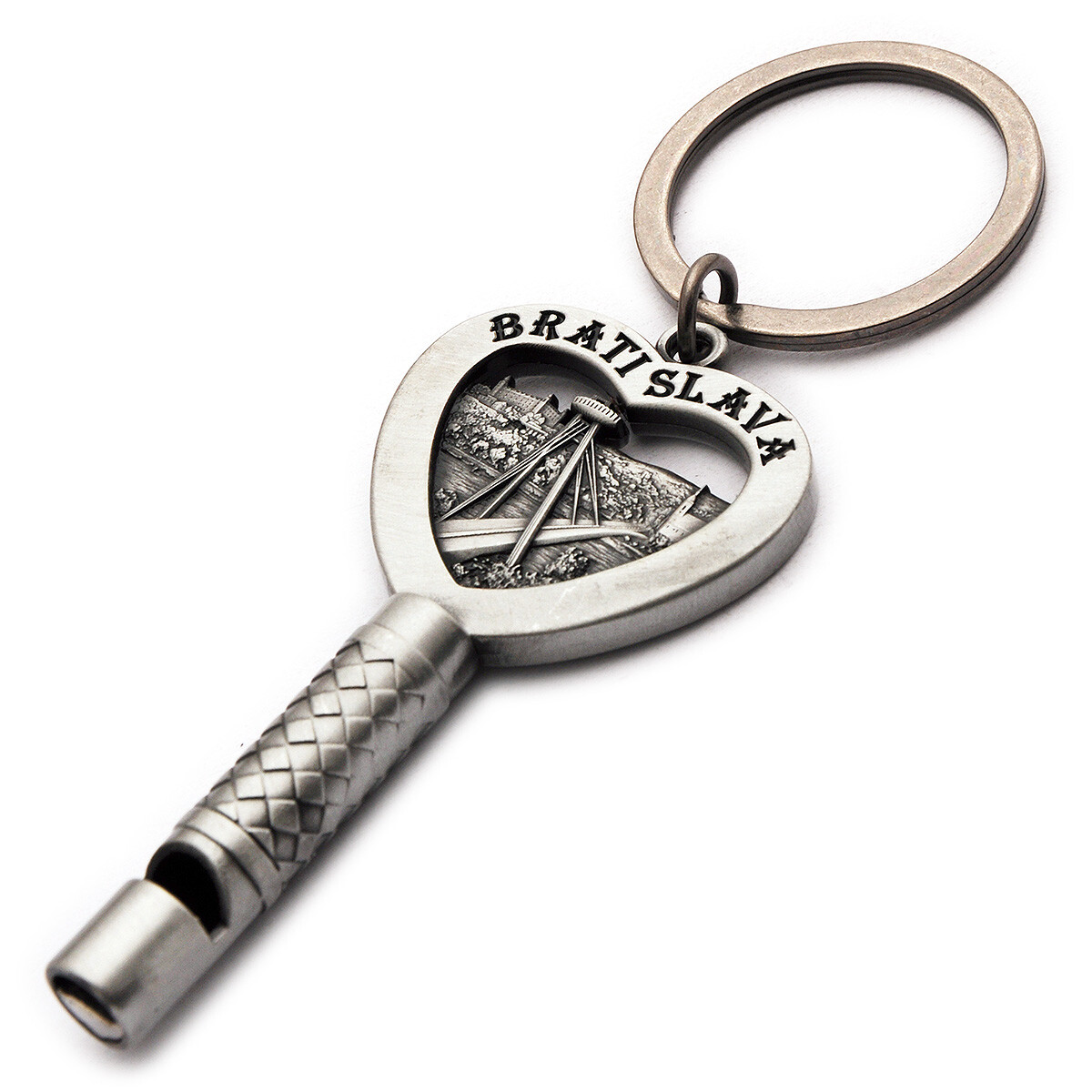 Kľúčenka s píšťalkou a motívom Bratislavy - strieborná