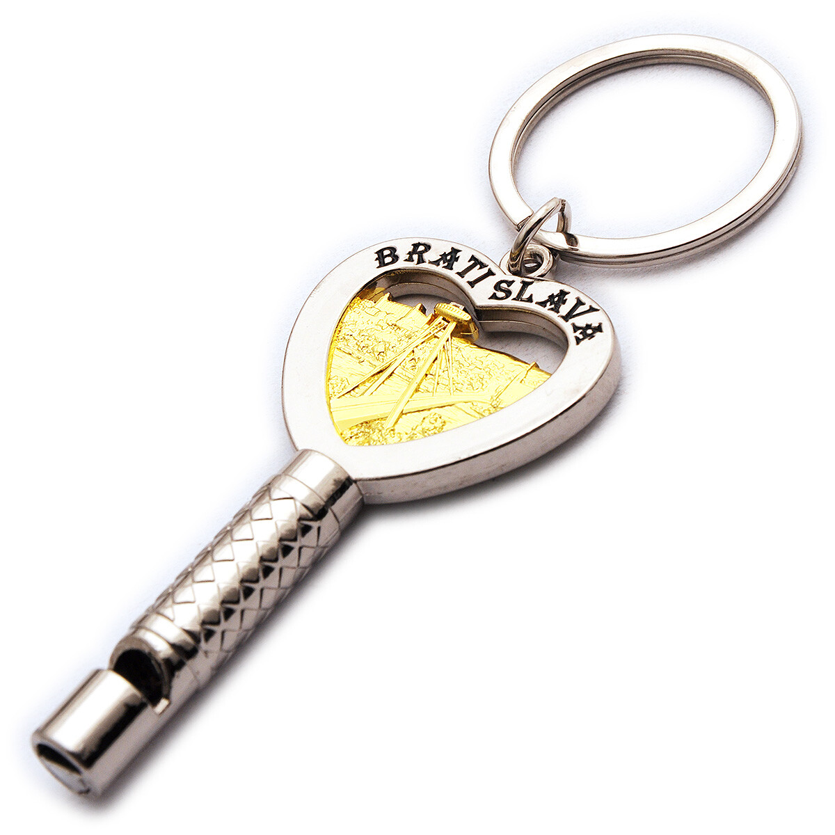 Kľúčenka s píšťalkou a motívom Bratislavy - strieborná-zlatá