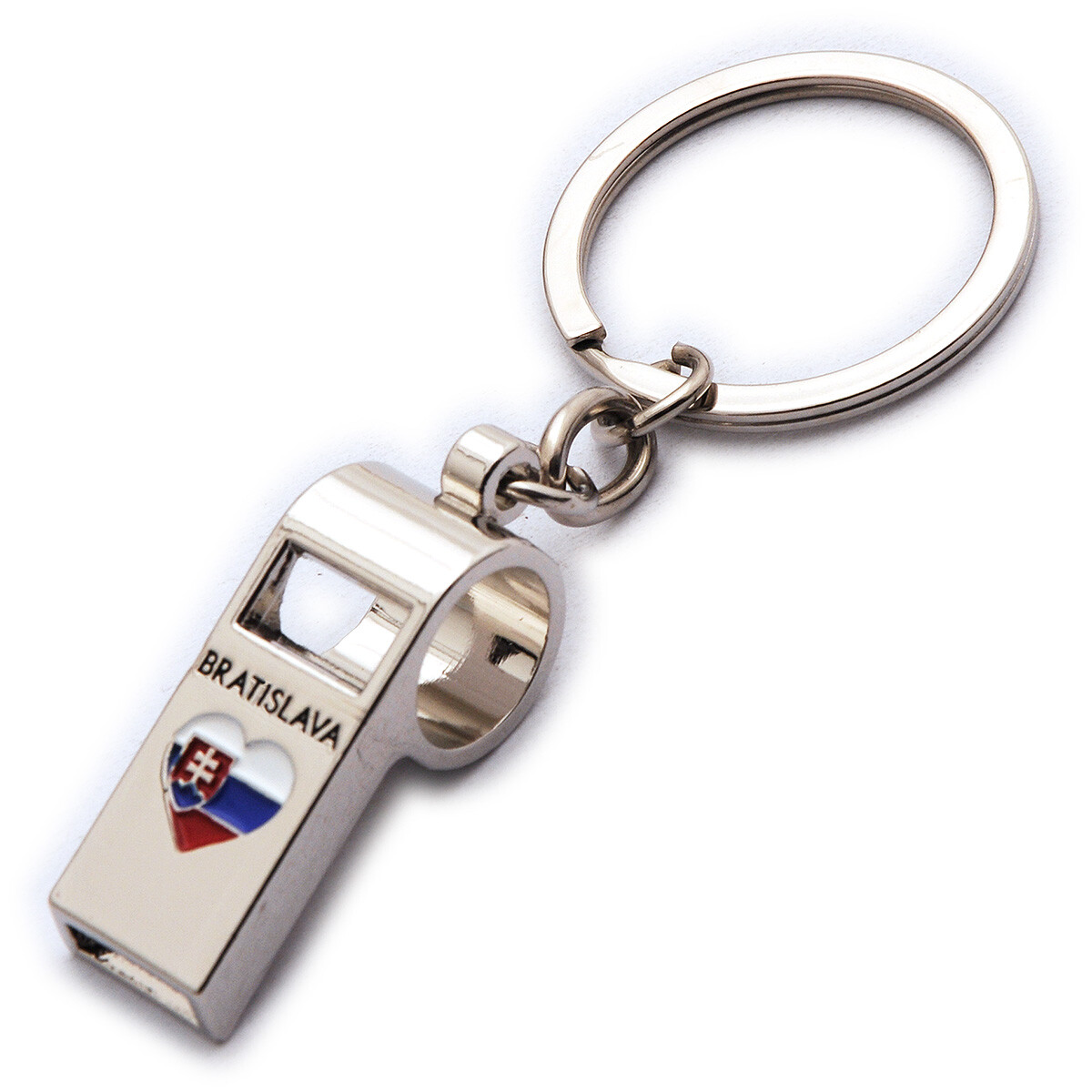 Kľúčenka s píšťalkou, vlajkou Slovenska a nápisom Bratislava - strieborná