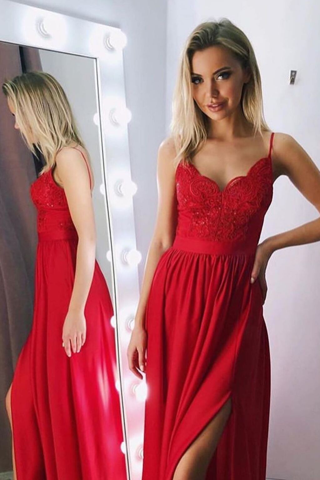 EMO Poškodený tovar - Červené spoločenské šaty s flitrami a saténovou sukňou Veľkosť: XS