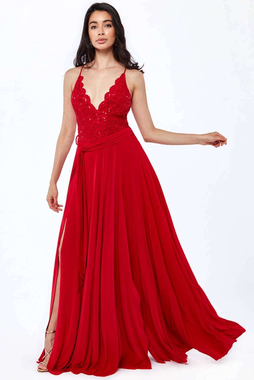 Poškodený tovar - Červené spoločenské šaty s krajkou a flitrami Veľkosť: L