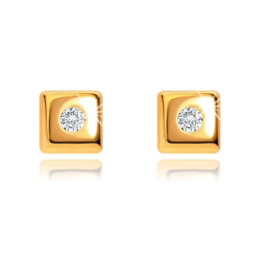 Zlaté náušnice 585 lesklé štvorce s drobným čírym zirkónom v strede