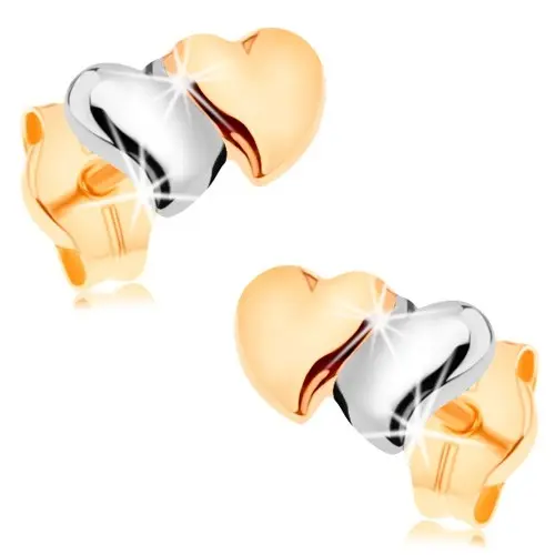 Puzetové náušnice zo 14K zlata - lesklé vypuklé srdiečka, dvojfarebné