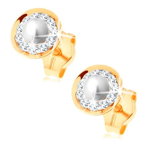 Náušnice zo žltého 14K zlata - biela guľatá sladkovodná perlička, trblietavý okraj