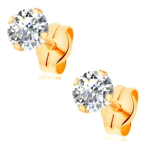 Zlaté puzetové náušnice 585 - číry okrúhly zirkón so štyrmi paličkami, 4 mm
