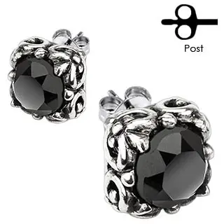 Náušnice z ocele 316L - čierny brúsený zirkón v patinovanom kotlíku