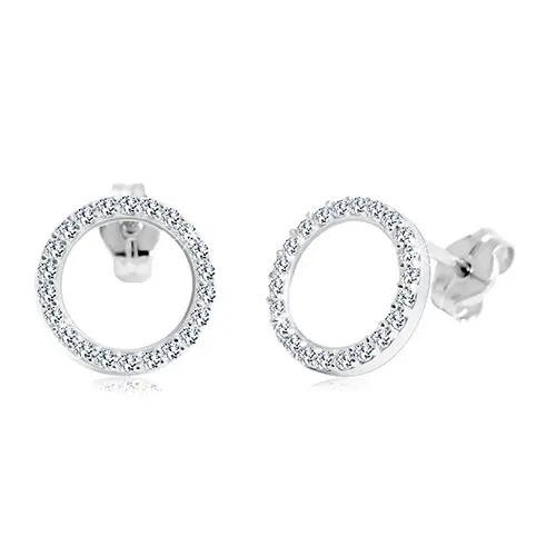 Zlaté puzetové náušnice 585 - obruč z čírych zirkónov, biele zlato