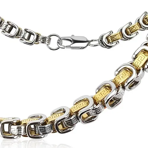 Retiazka z nehrdzavejúcej ocele - dvojfarebné prevedenie, imitácia bicyklovej reťaze, vzor gréckeho kľúča