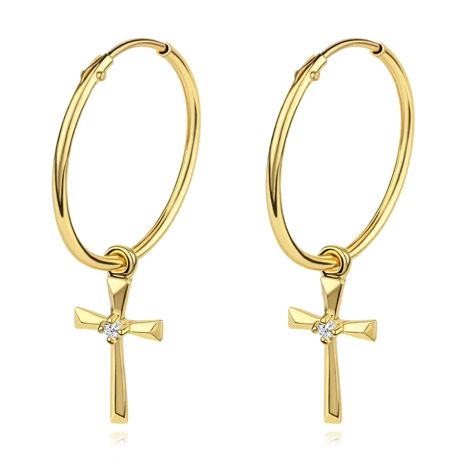 Zlaté náušnice 9K kruhy s latinským krížom a čírym zirkónom