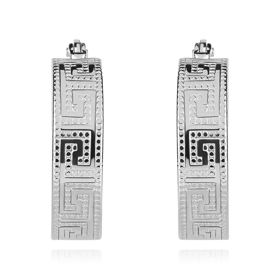 Strieborné náušnice 925 kruhy s gréckym kľúčom a bodkovaným vzorom, 18 mm