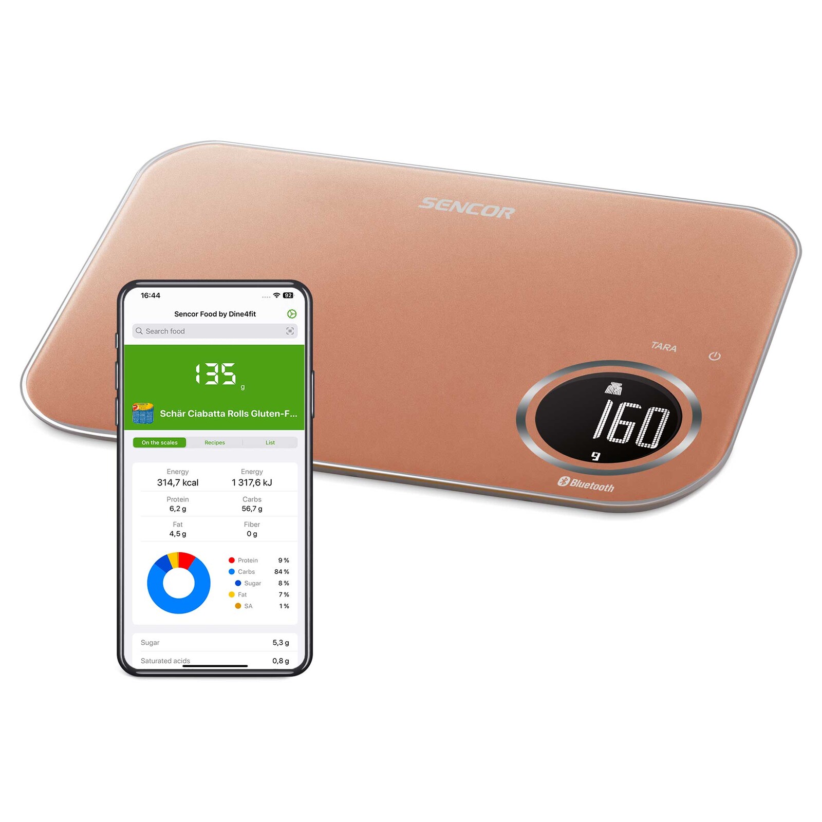 Sencor SKS 7176GD Inteligentná kuchynská váha s Bluetooth Váha s aplikáciou Sencor FOOD Bohatá online databáza potravín, Poskytuje podrobnosti o
