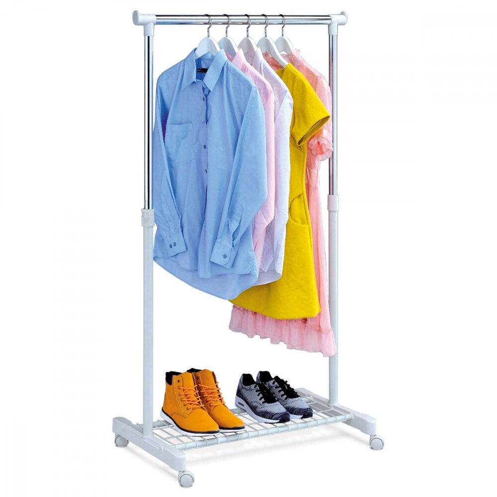 Stojan na šaty jednoramenný, s odkladačom, biela farba, kov / plast, chróm