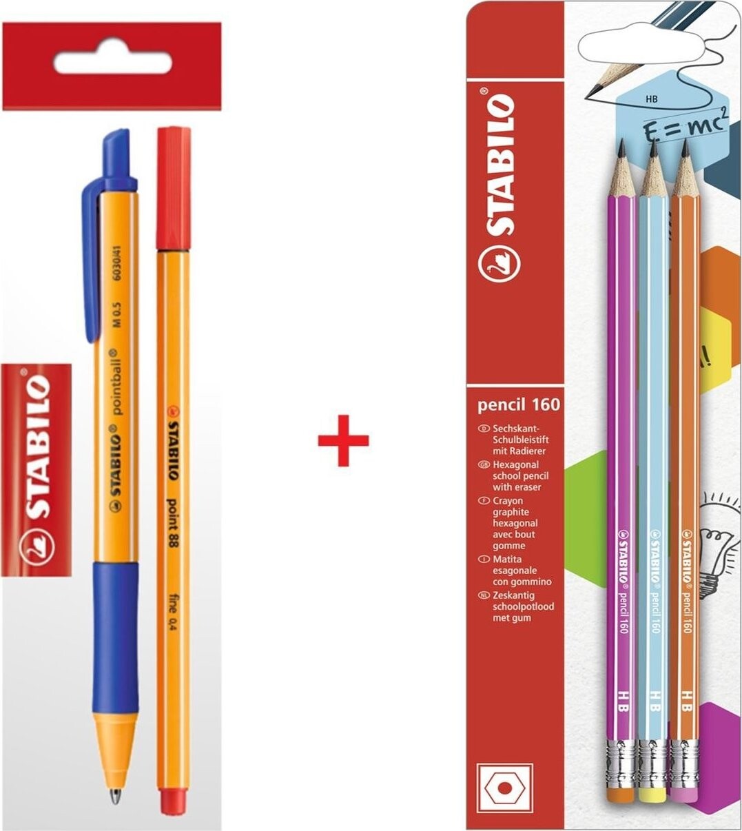 STABILO kuličkové pero pointball, modré + liner point 88, červený + tužky pencil 160, 3 ks