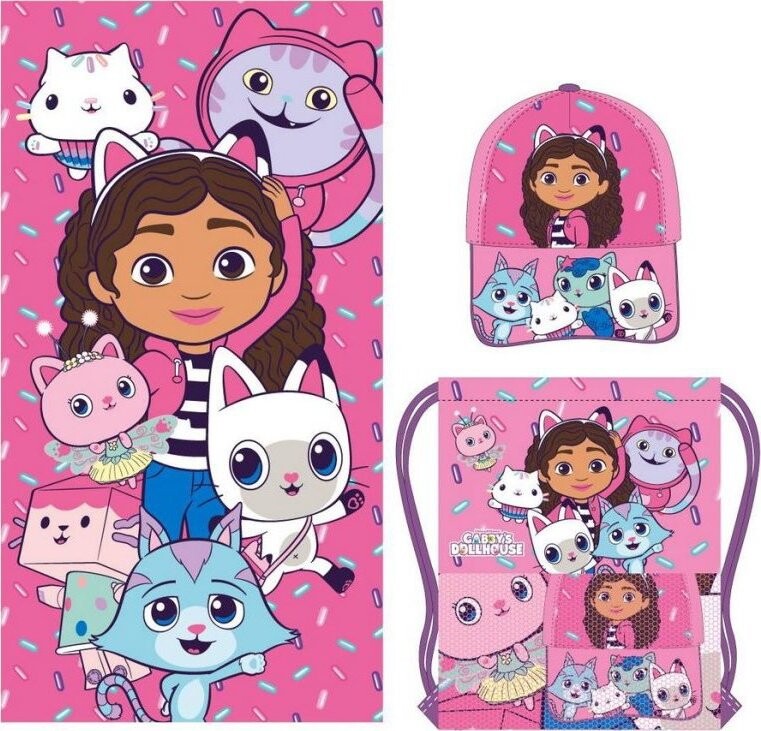 Gabby's Dollhouse: Gabby with cats set – detská osuška, batoh a šiltovka