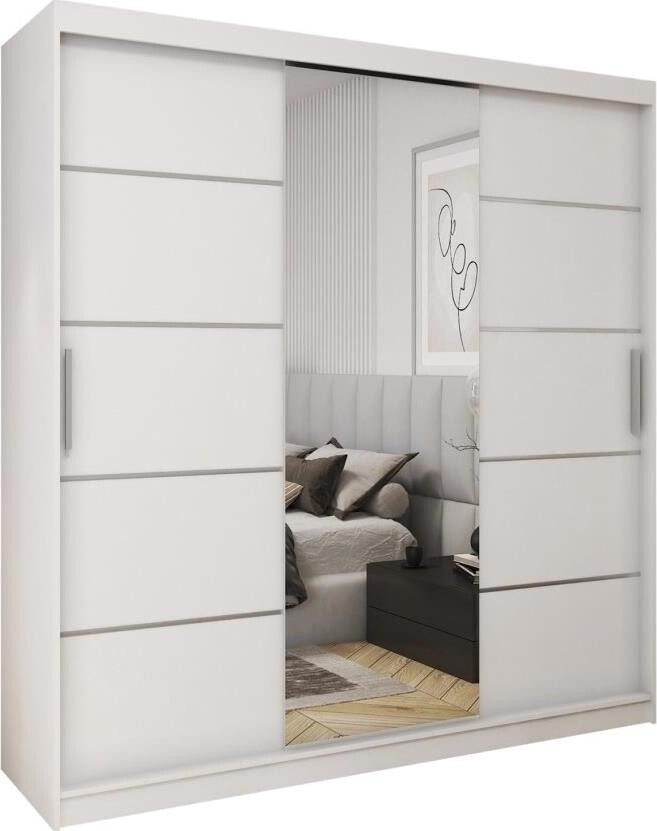 Nejlevnější nábytek Rebeca 200 so zrkadlom, 4 zásuvkami a 2 šatníkovými tyčami, biela mat