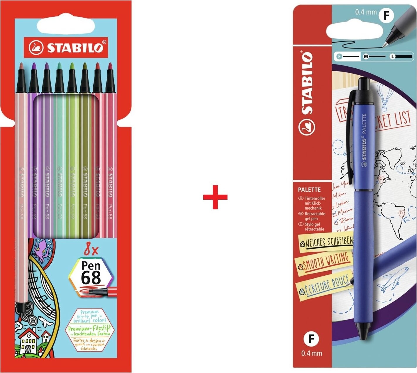 STABILO gelové pero PALETTE s hrotem F (0.4 mm), modré + fixy Pen 68, 8 ks