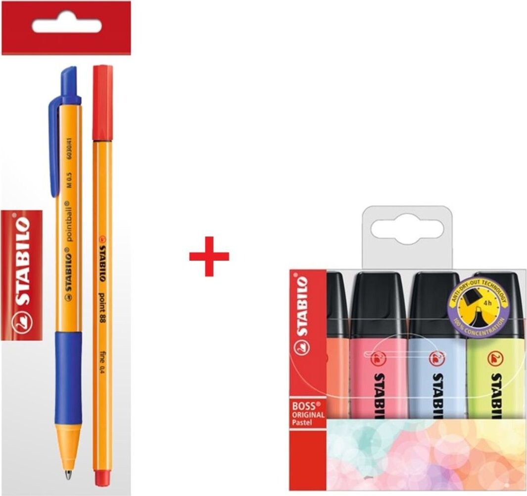 STABILO kuličkové pero pointball, modré + liner point 88, červený + zvýrazňovače BOSS ORIGINAL, 4 ks