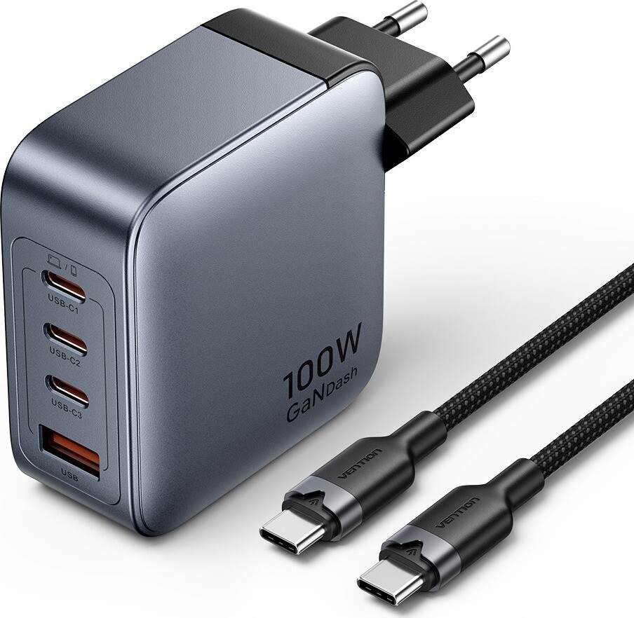 Vention 4-Port USB (C + C + C + A) GaN Charger (100 W/100 W/30 W/30 W) Gray with USB-C to USB-C Cabl