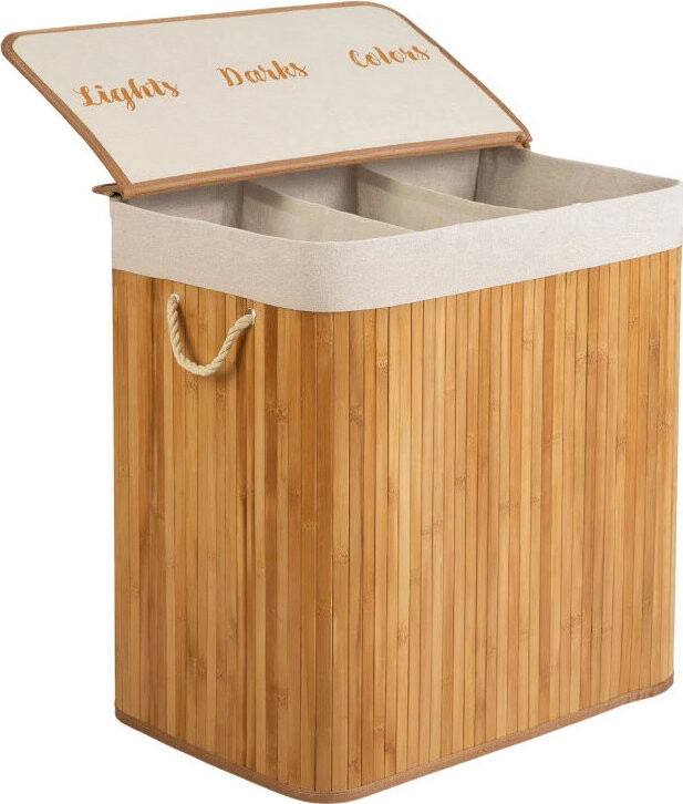 Massido 678200 Bambusový koš na prádlo s víkem, tříkomorový, 150 l, hnědý
