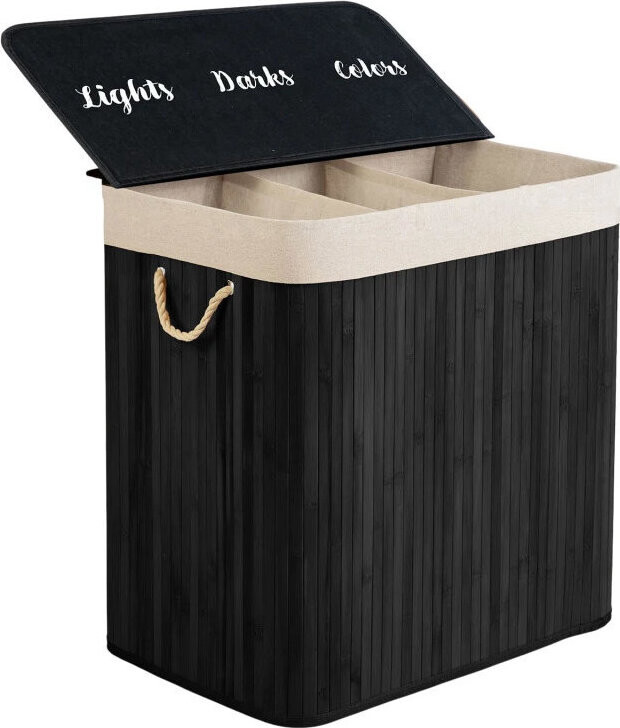 Massido 678201 Bambusový koš na prádlo s víkem, tříkomorový, 150 l, tmavě šedý