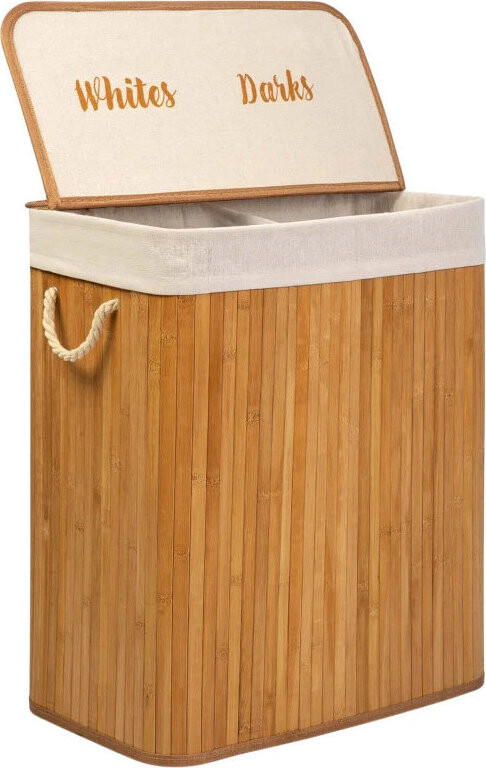 Massido 678100 Bambusový koš na prádlo s víkem, dvoukomorový, 100 l, hnědý