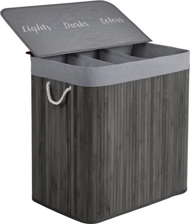 Massido 678202 Bambusový koš na prádlo s víkem, tříkomorový,150 l, světle šedý