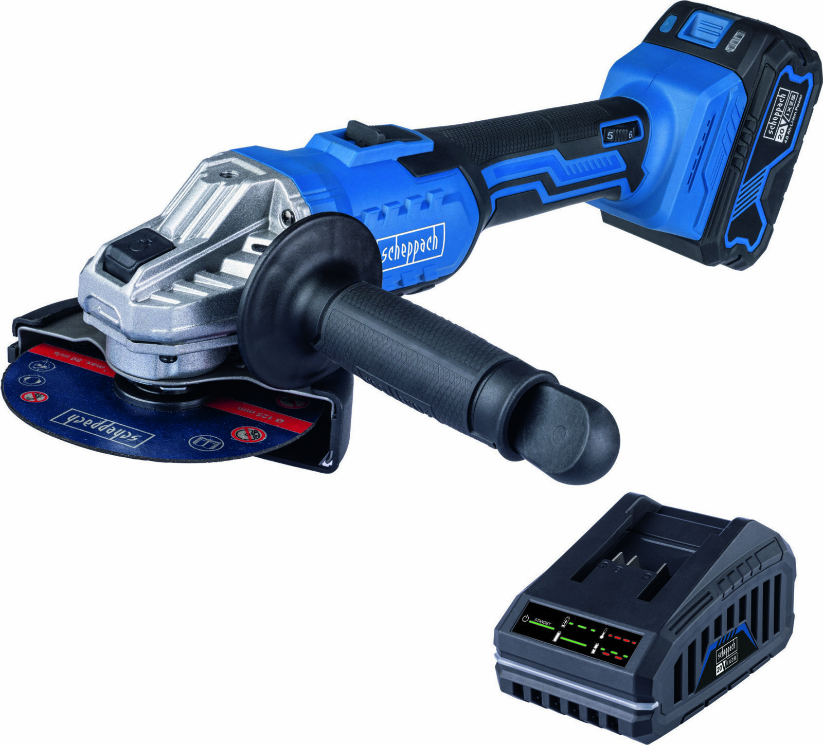 SCHEPPACH Uhlová brúska AKU 20 V IXES C-AG125-X – Sada L (1× 4 Ah)