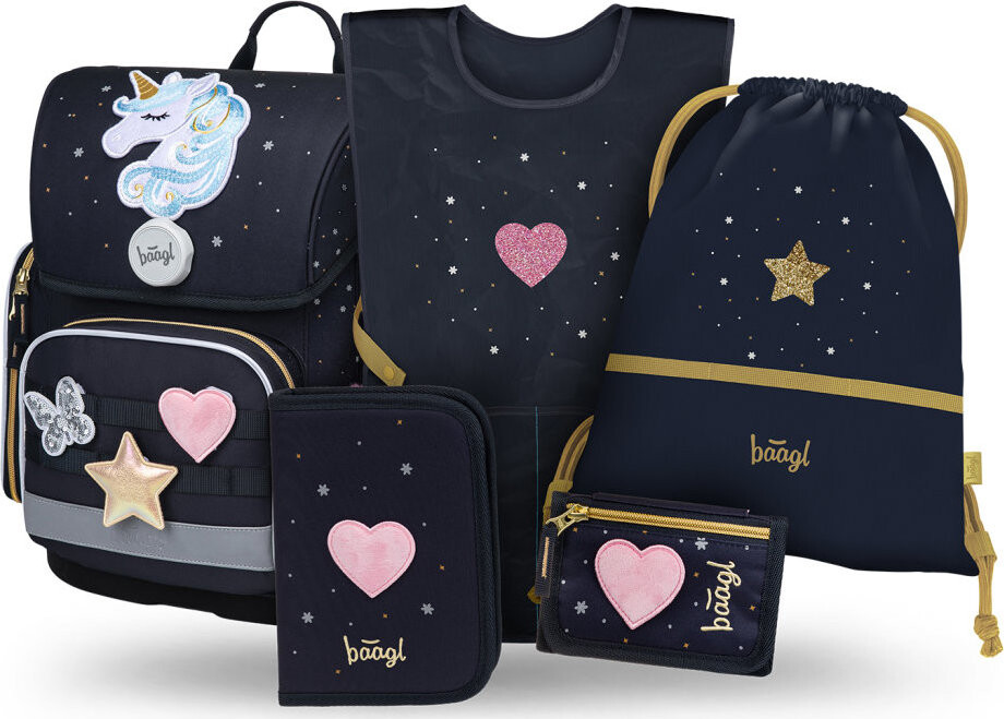 BAAGL SET 5 Ergo Unicorn Gold: aktovka, penál, sáček, zástěra, peněženka