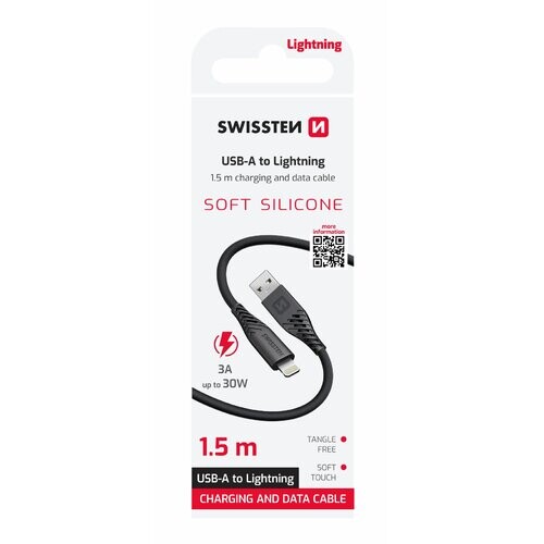 Dátový kábel Swissten USB/Lightning, 30W 1,5m, Čierny silikónový