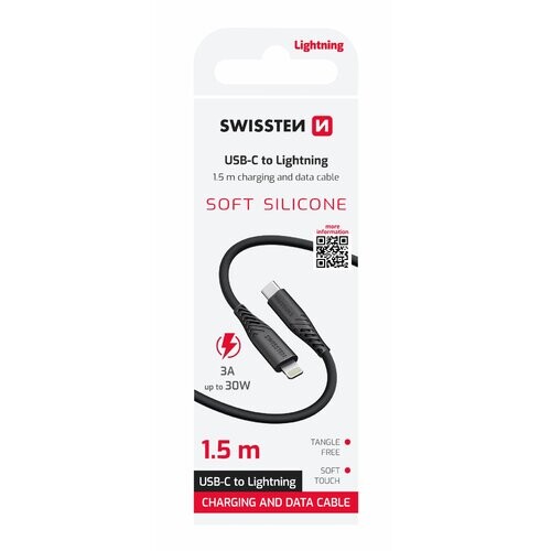 Dátový kábel Swissten USB-C/Lightning, 60W 1,5m, Čierny silikónový