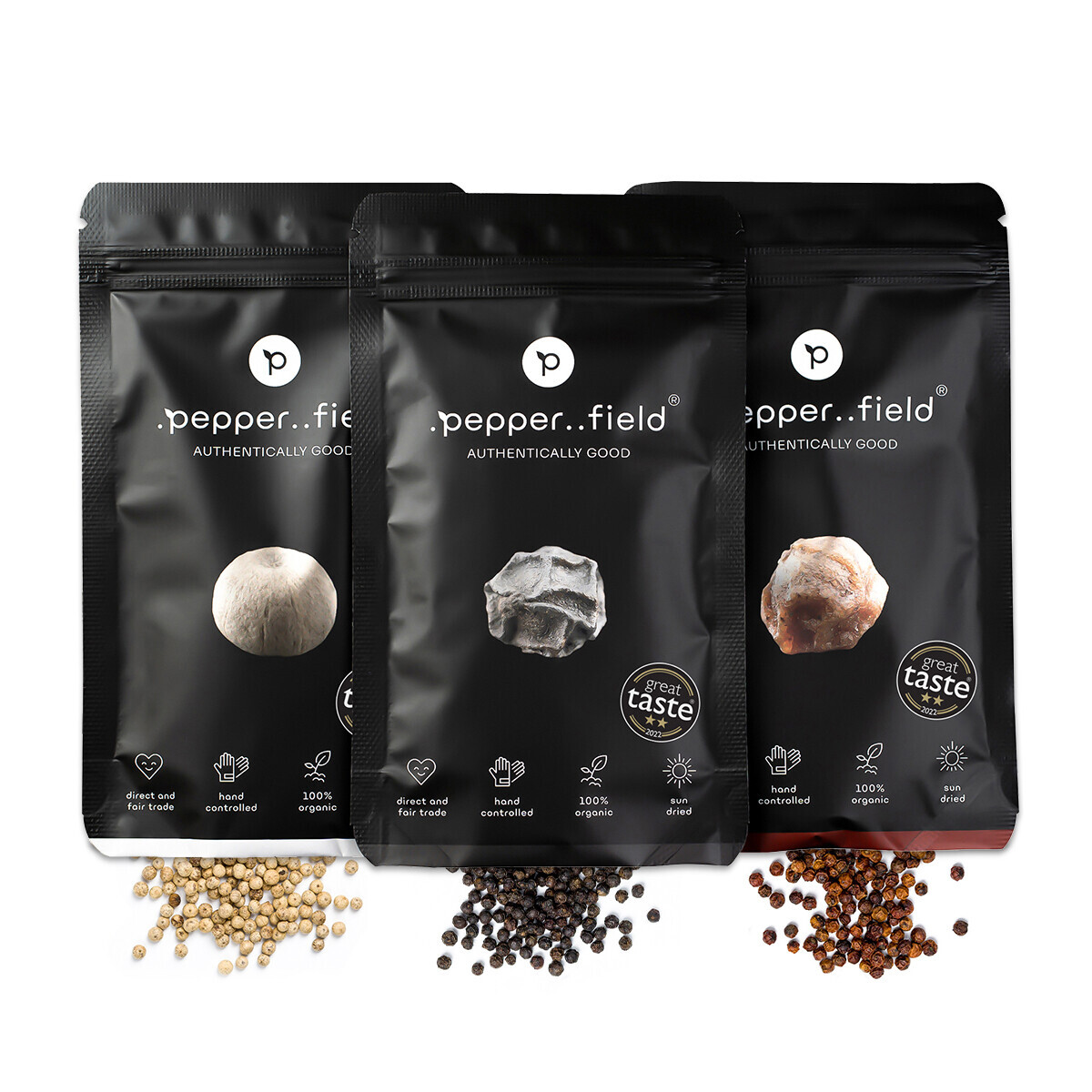 Pepperfield Sada čierneho, červeného a bieleho korenia Kampot - 3 x 50 g DOY-SET-3X50-GIFT-CZ