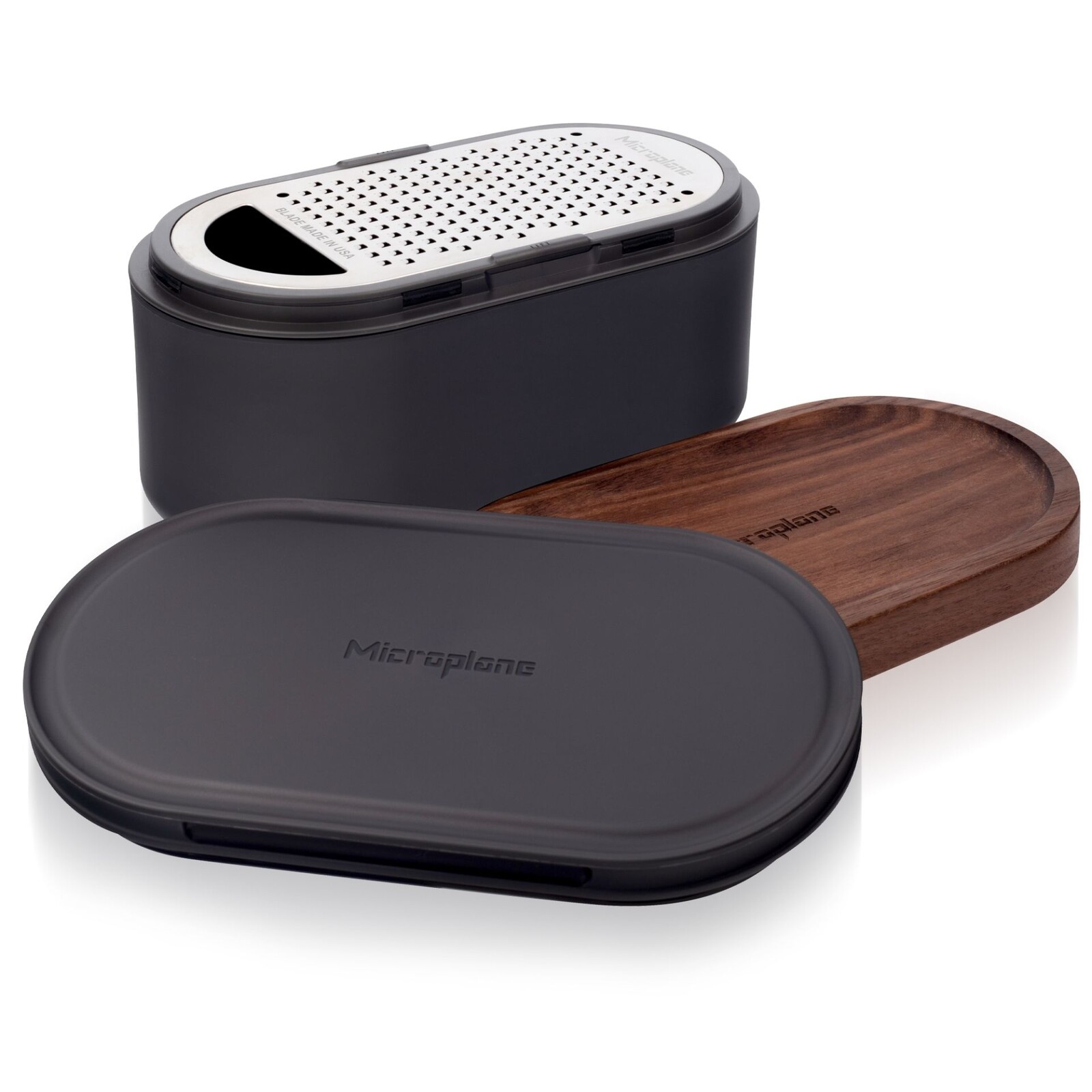 Microplane Jemné strúhadlo so zásobníkom a 2 vymeniteľnými viečkami, orechové drevo 34700